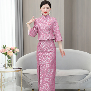 RM5178#新款复古改良旗袍女宽松显瘦蕾丝短袖裙两件套装夏