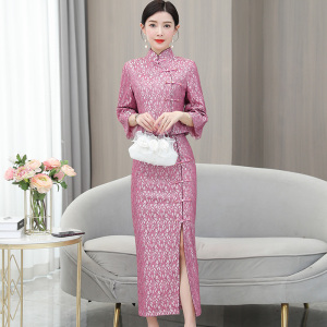 RM5178#新款复古改良旗袍女宽松显瘦蕾丝短袖裙两件套装夏