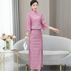 RM5178#新款复古改良旗袍女宽松显瘦蕾丝短袖裙两件套装夏