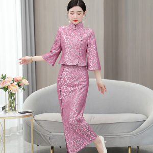 RM5178#新款复古改良旗袍女宽松显瘦蕾丝短袖裙两件套装夏