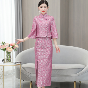 RM5178#新款复古改良旗袍女宽松显瘦蕾丝短袖裙两件套装夏