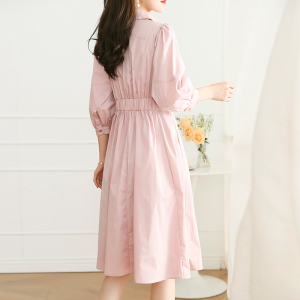 RM5742#真纯棉~2023夏季新款粉色收腰休闲翻领连衣裙气质简约长袖衬衫裙