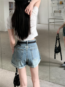 RM4785#卷边牛仔短裤女2023新款韩版设计感小众高腰显瘦阔腿A字热裤