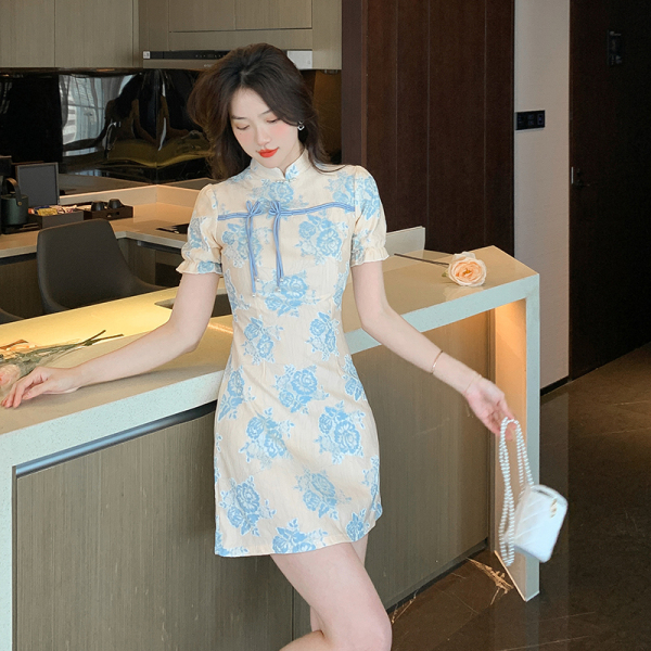RM4648#法式小清新短款旗袍新款蕾丝年轻款少女夏季新中式国潮小个子裙子