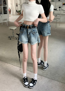RM4785#卷边牛仔短裤女2023新款韩版设计感小众高腰显瘦阔腿A字热裤