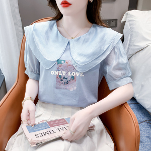 TR17237# 新款韩版娃娃领字母印花拼接T恤个性显瘦百搭上衣 服装批发女装服饰批发