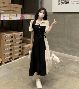 RM7008#大码女装夏装赫本风法式学院风显瘦收腰设计感小众假两件连衣裙