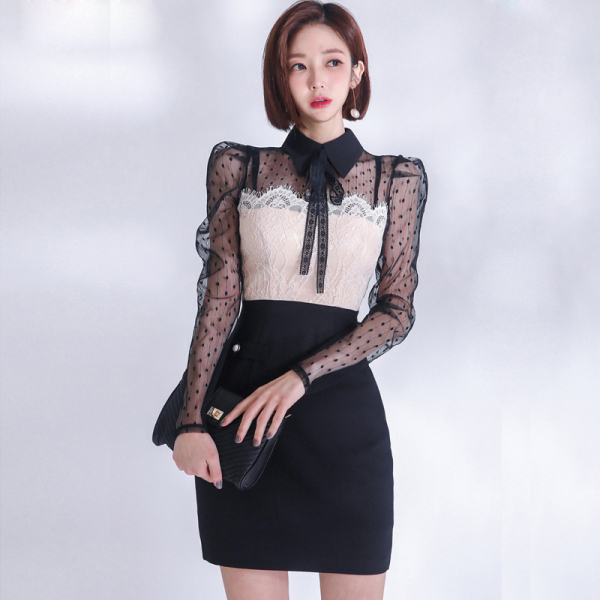 RM4615#新款韩版修身衬衫领透视拼接蕾丝时尚包臀连衣裙