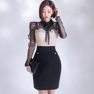 RM4615#新款韩版修身衬衫领透视拼接蕾丝时尚包臀连衣裙