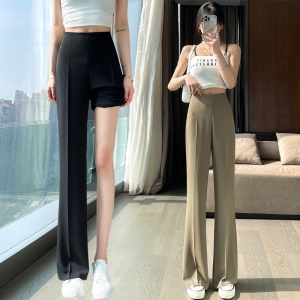 RM9985#夏季冰丝西装裤侧拉链直筒薄款微喇高腰窄版阔腿裤女
