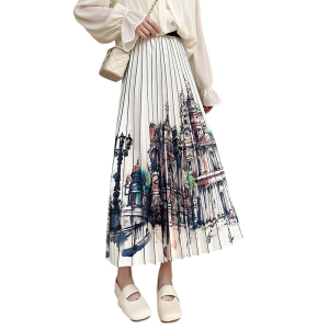 RM13424#春夏新款高腰显瘦遮胯水墨画百褶半身裙女设计感小众印花长裙