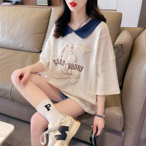 RM6088#后包领华夫格夏季新款韩版百搭刺绣兔子宽松短袖T恤女