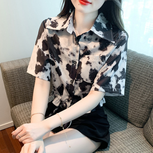RM5484#夏季新款港风复古花衬衫女宽松短袖雪纺衬衣短款上衣
