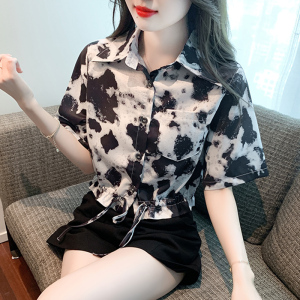 RM5484#夏季新款港风复古花衬衫女宽松短袖雪纺衬衣短款上衣