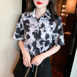 RM5484#夏季新款港风复古花衬衫女宽松短袖雪纺衬衣短款上衣