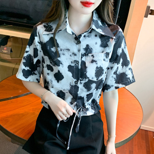 RM5484#夏季新款港风复古花衬衫女宽松短袖雪纺衬衣短款上衣