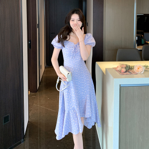 RM5254#夏季新款甜美方领泡泡袖中长裙淑女荷叶边连衣裙