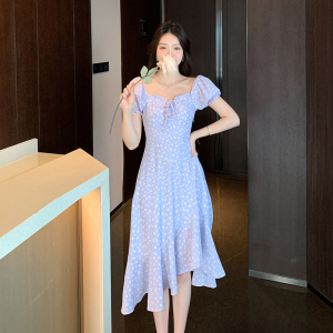 RM5254#夏季新款甜美方领泡泡袖中长裙淑女荷叶边连衣裙