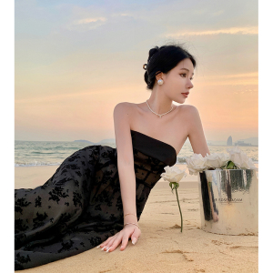 TR18123# 法式复古赫本风黑色提花抹胸连衣裙氛围感海边礼服晚会装