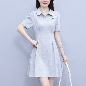 RM10351#大码女装2023夏季新款收腰显瘦POLO领刺绣中长款气质A字裙
