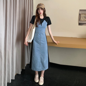 MY33#大码女装修身显瘦气质牛仔拼接连衣裙女胖MM藏肉显瘦连衣裙