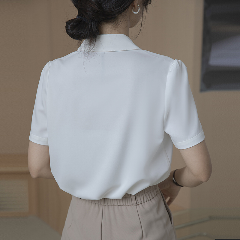 2026夏季白色尖領緞面短袖襯衫女職業通勤垂感百搭正裝港風仿真絲