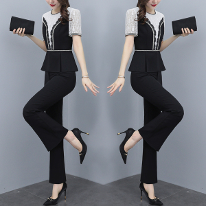 RM6320#夏款洋气大码女装时尚蕾丝衫拼接高端设计感减龄阔腿裤两件套