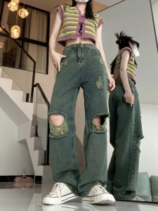 TR19383# 美式街头ins嘻哈美式墨绿色破洞牛仔裤阔腿裤女 服装批发女装服饰货源