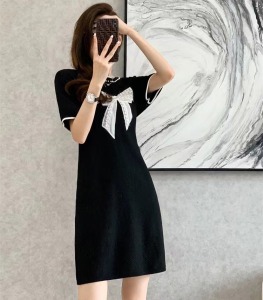 RM4084#法式复古泡泡袖设计感裙子女小众2023夏季新款黑色蝴蝶结连衣裙女