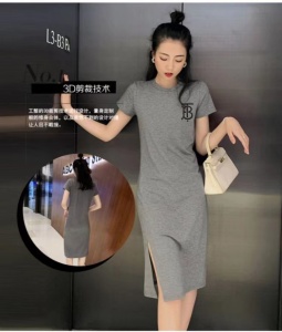 RM4085#开叉连衣裙女 夏季爆款宽松休闲运动短袖针织裙黑色收腰打底裙