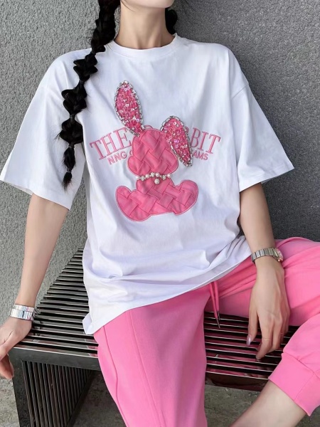 RM5916#夏洋气炸街时尚兔子刺绣钉珠短袖T恤女韩版宽松套装女学生潮