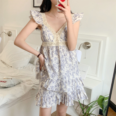 實拍韓版小飛袖ins風水墨畫碎花公主蕾絲國風夏季帶胸墊吊帶睡衣