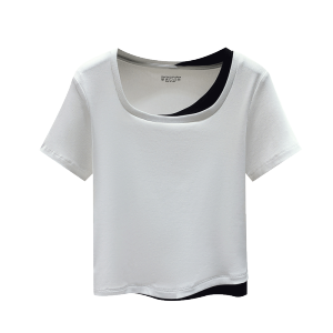 RM5962#夏欧货撞色假两件方领设计感别致不规则短袖T恤女