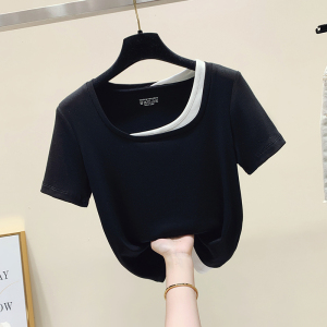 RM5962#夏欧货撞色假两件方领设计感别致不规则短袖T恤女