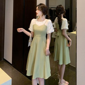RM11793#夏季新款假两件蕾丝拼接吊带泡泡袖显瘦高腰中长款连衣裙女
