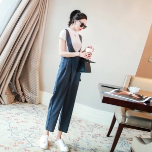 TR45249# 时尚名媛减龄套装年新款女夏季短袖搭配设计感背带裤 服装批发女装批发服饰货源