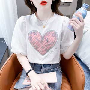 RM5696#夏季新款T恤字母/数字/文字圆领泡泡袖套头标准