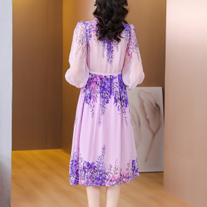 RM5351#真丝桑蚕丝连衣裙女中长款2023春夏新款木耳边V领七分袖印花裙子