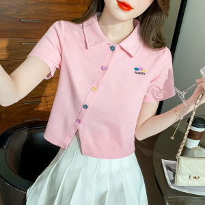 RM11246#夏季新款甜美polo衫T恤女设计感短款上衣短袖小衫衬衫