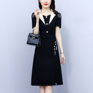 TR16241# 大码女装夏季新款韩版时尚修身显瘦胖mm遮肉黑色连衣裙 服装批发女装服饰货源