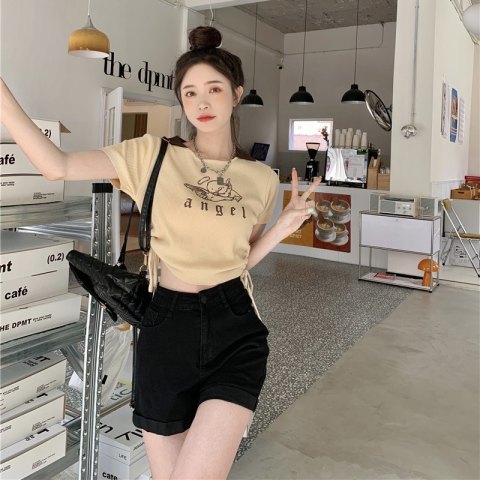 Official picture / 65 pull frame cotton / tie polo collar top short section waist short-sleeved T-shirt female