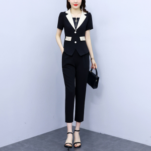 RM7388#大码女装2023夏季新款休闲拼色显瘦黑色时尚两件套套装