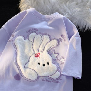 RY1607#纯棉后包领 夏季新款短袖t恤女可爱白色3D立体毛绒小兔子百搭上衣