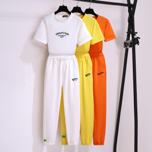 RM3870#纯棉运动套装女夏新款宽松圆领短袖休闲跑步服洋气两件套
