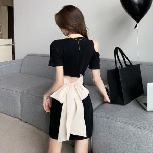 Pure Lust Style Black Spicy Girl Dress Design Sense Bow Tie Slim Fit Wrap Hip Skirt