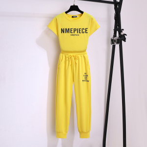 RM3871#纯棉运动套装女夏新款宽松圆领短袖印花休闲跑步服两件套