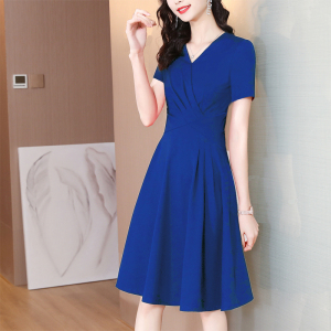 RY1511#连衣裙新款中长款夏季纯色高品质裙子赫本风短袖