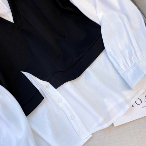 RM3824#大码女装衬衣2023新法式设计感小众上衣女假两件马甲拼接衬衫