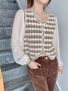 RM3902#韩版复古开衫镂空钩花v领衬衫女拼接雪纺袖上衣