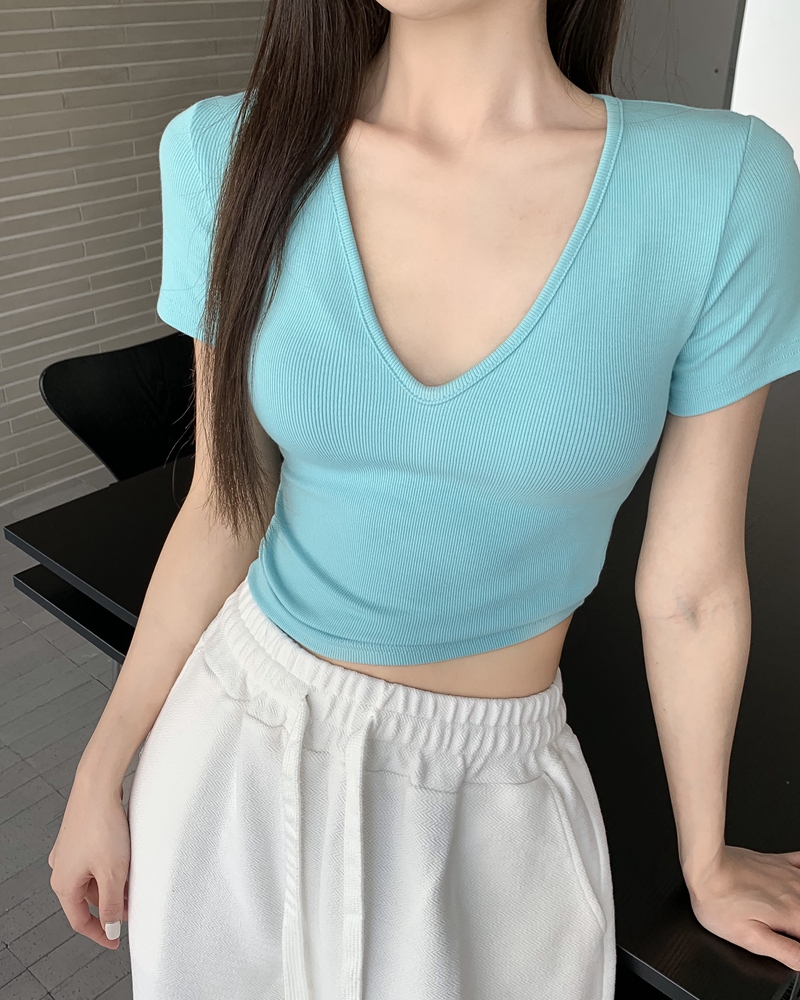 Real shot of hot summer girls sexy V-neck slim fit elastic threaded cotton short-sleeved T-shirt women's short crop top
